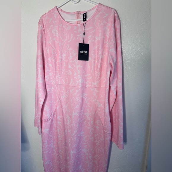STYLEWE Long Sleeve Midi Dress Crew Neck Pink and White Women Size 2XL - Picture 3 of 4